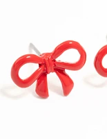 Red Coated Metal Ribbon Bow Stud Earrings