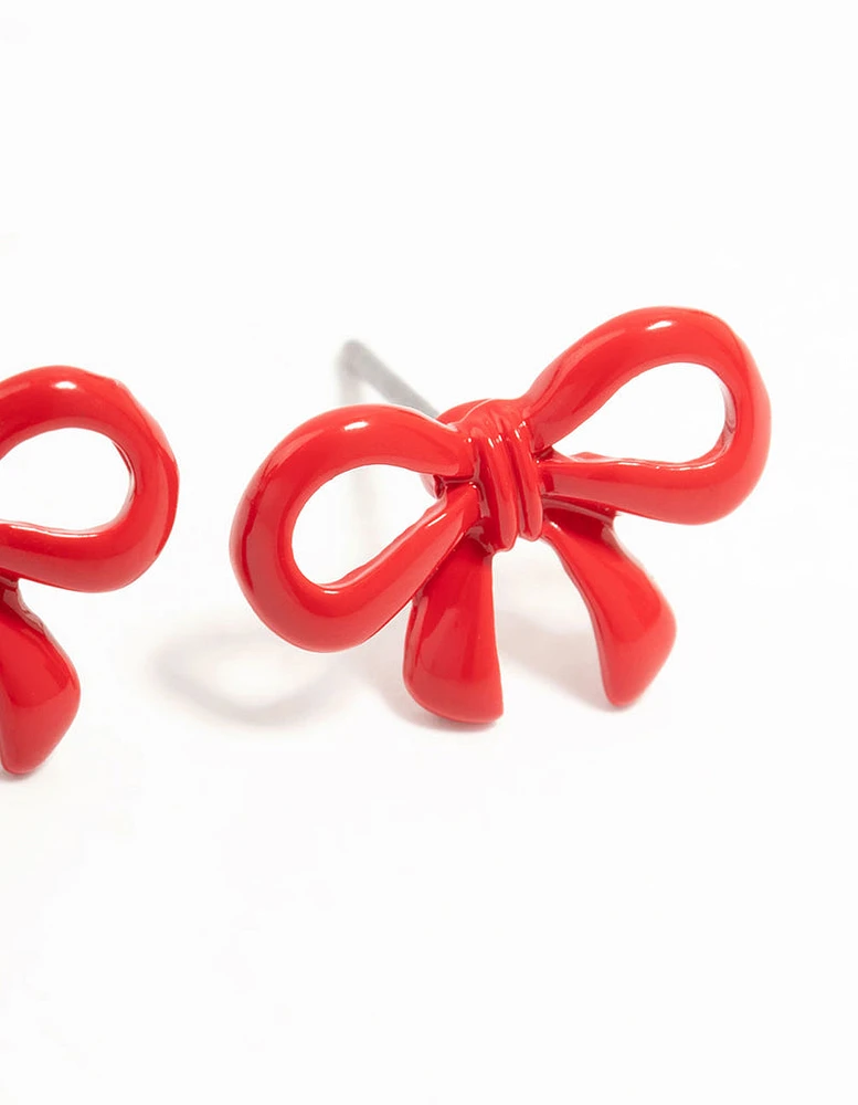 Red Coated Metal Ribbon Bow Stud Earrings