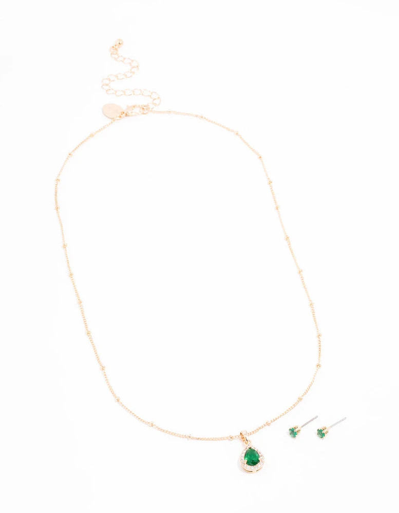 Gold Emerald Cubic Zirconia Necklace & Stud Earrings Set