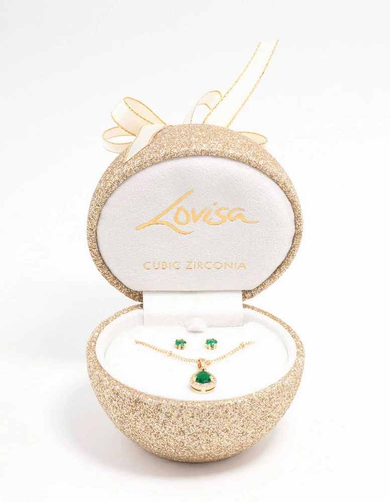 Gold Emerald Cubic Zirconia Necklace & Stud Earrings Set