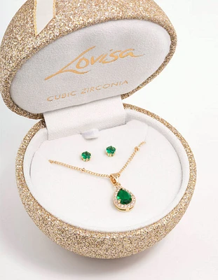 Gold Emerald Cubic Zirconia Necklace & Stud Earrings Set