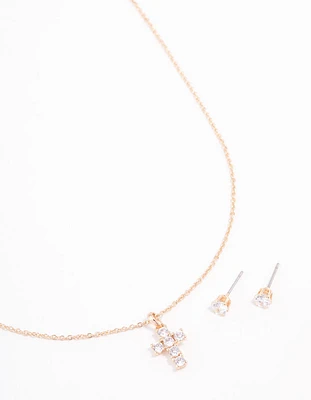 Cubic Zirconia Gold Cross Necklace & Earring Set