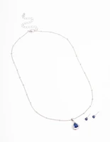 Blue Cubic Zirconia Rhodium Necklace & Stud Earrings Set