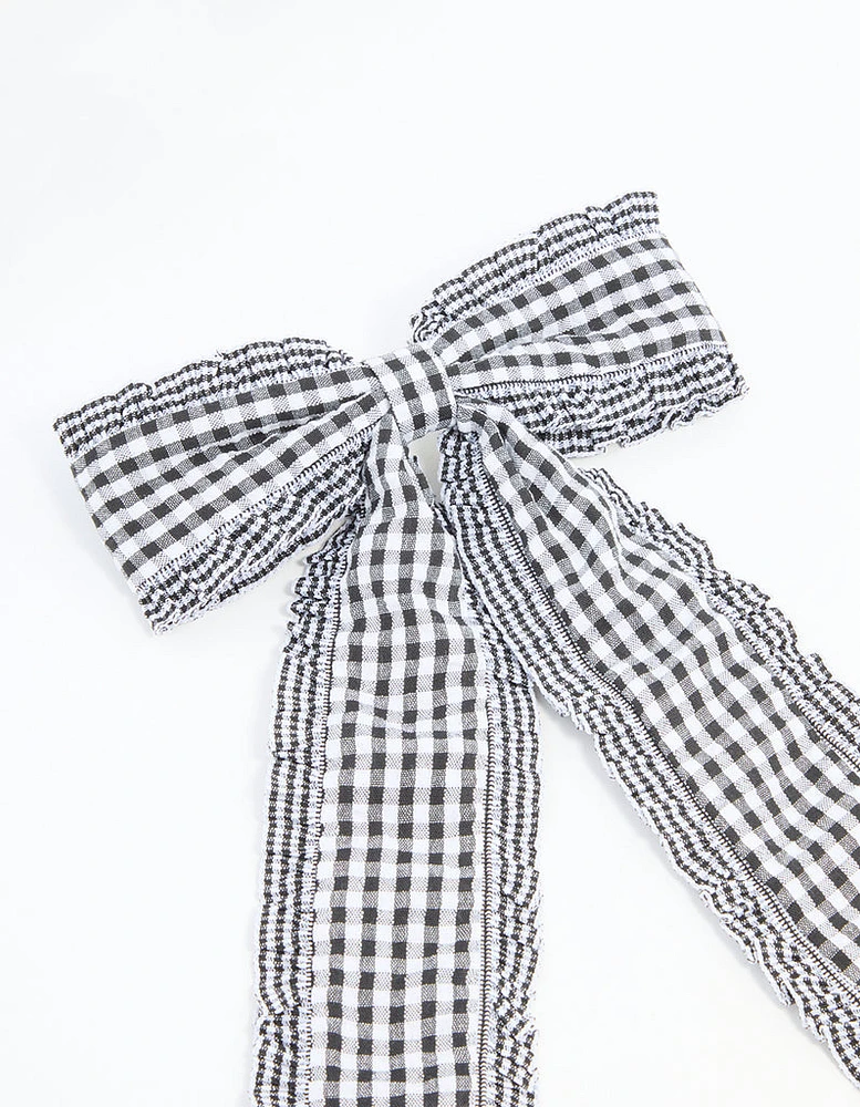 Black Gingham Fabric Frilled Bow Clip