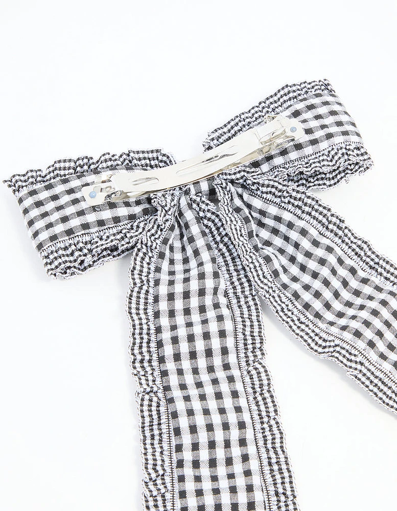 Black Gingham Fabric Frilled Bow Clip