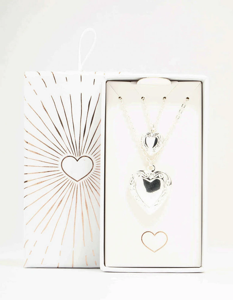 Silver Filigree Heart Locket Necklaces 2-Pack