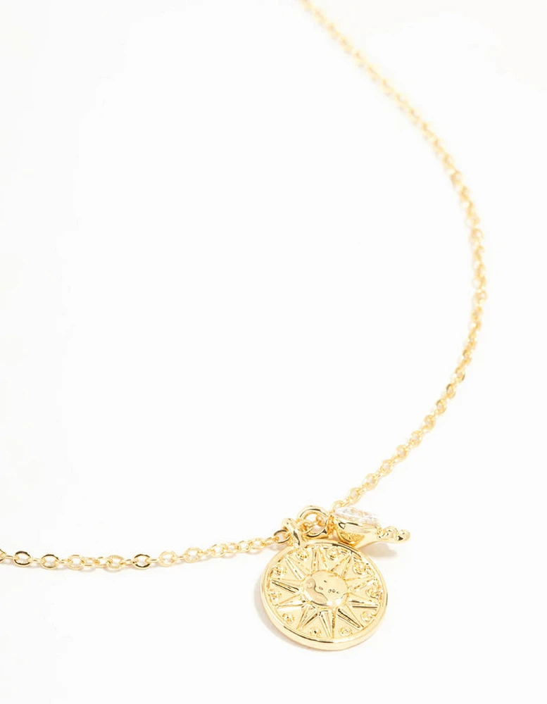 Gold Plated Sun & Cubic Zirconia Pendant Necklace