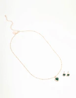 Green Diamante Heart Necklace & Stud Earrings Set