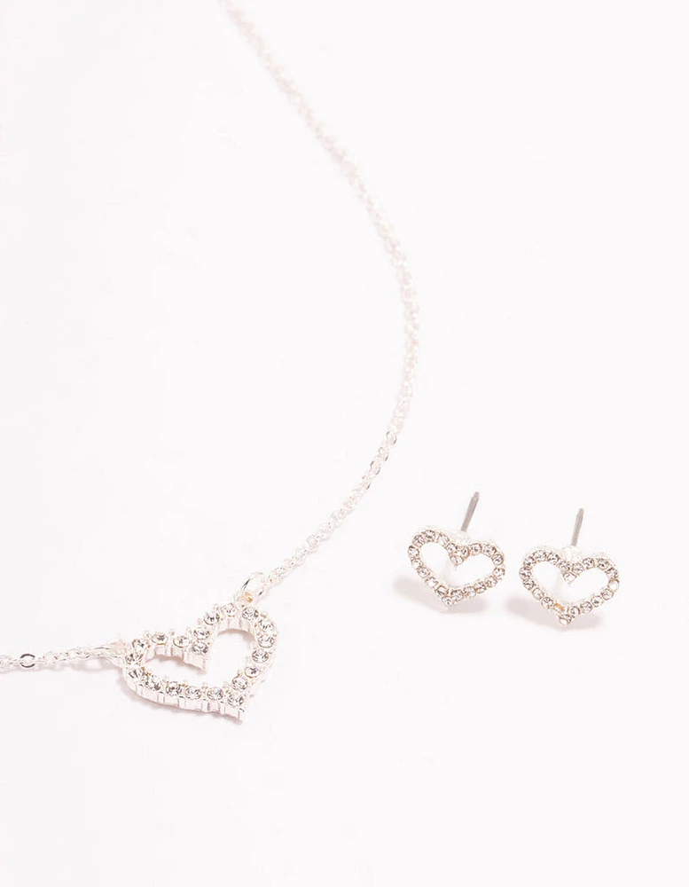 Open Diamante Heart Silver Necklace & Stud Earrings Set