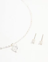 Silver Plated Cubic Zirconia Heart Necklace & Stud Earrings Set