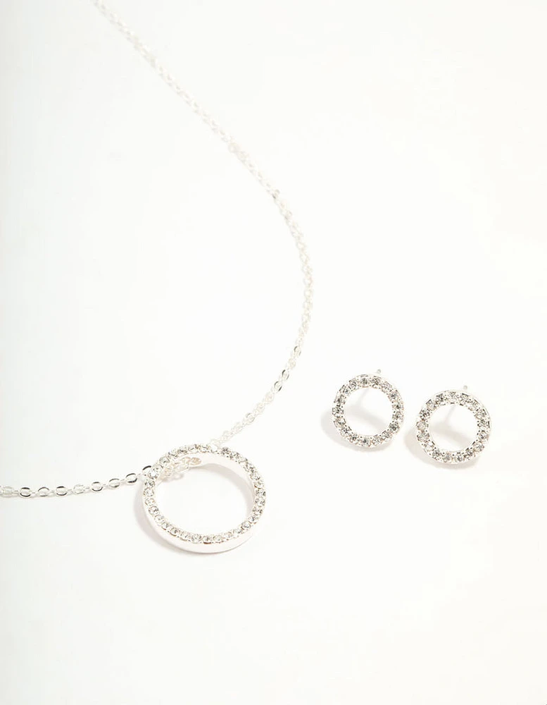 Silver Diamante Open Circle Necklace & Stud Earrings Set