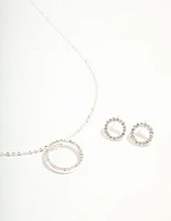 Silver Diamante Open Circle Necklace & Stud Earrings Set