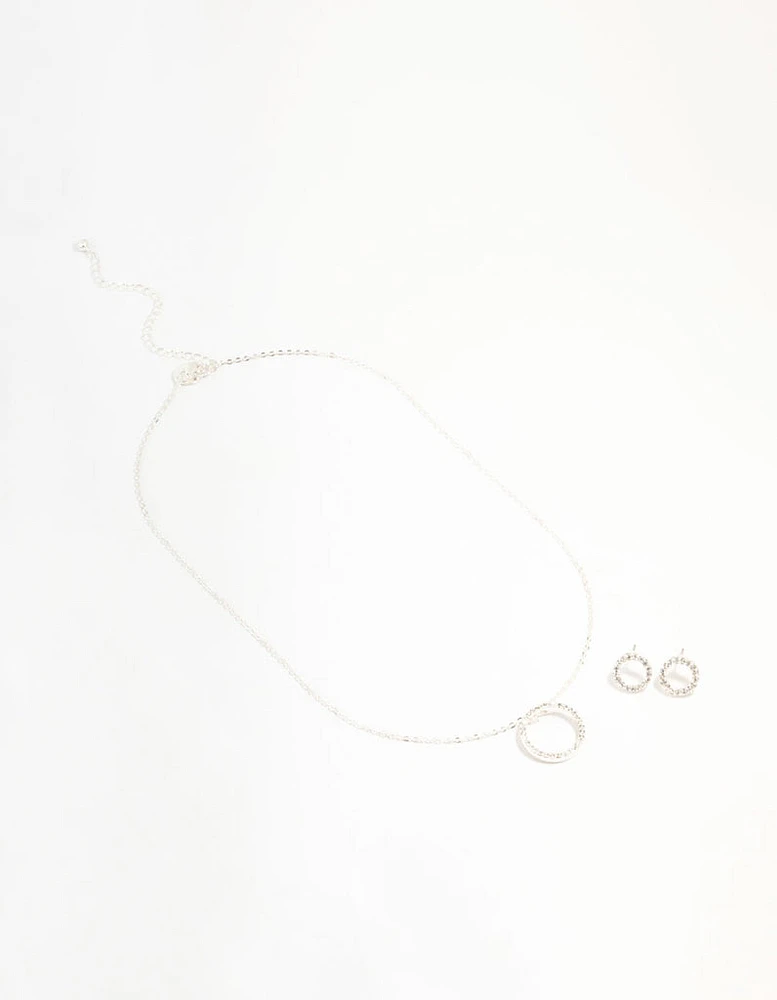 Silver Diamante Open Circle Necklace & Stud Earrings Set