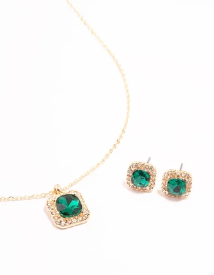 Green Diamante Square Halo Gold Necklace & Stud Earrings Set