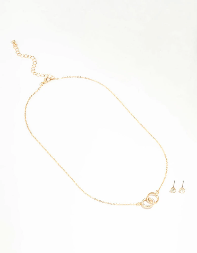 Gold Linked Circle Necklace & Stud Earrings Set