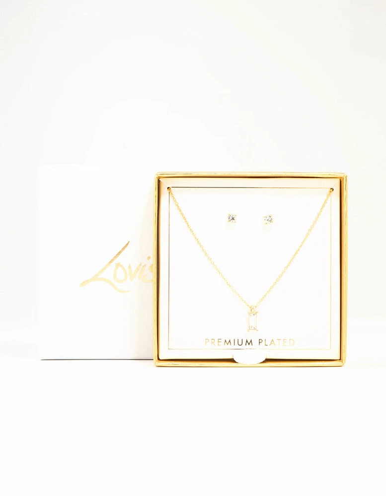 Gold Baguette Cut Diamante Necklace & Stud Earrings Set