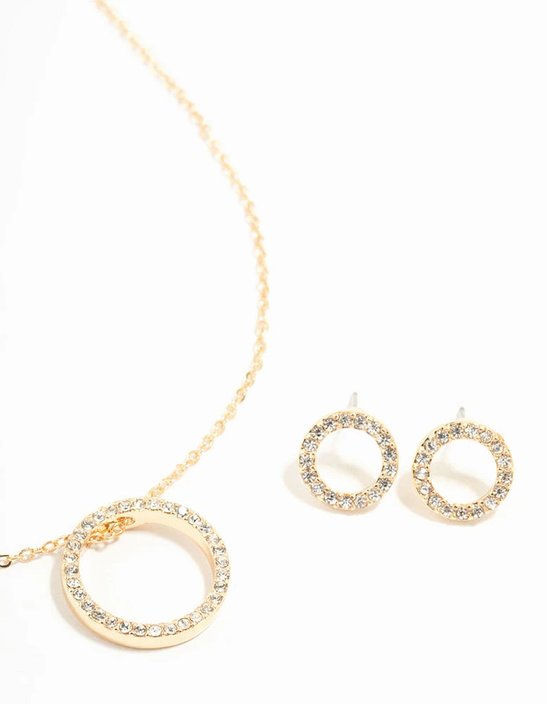 Gold Open Circle Diamante Necklace & Stud Earrings Set