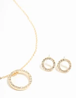 Gold Open Circle Diamante Necklace & Stud Earrings Set