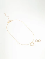 Gold Open Circle Diamante Necklace & Stud Earrings Set