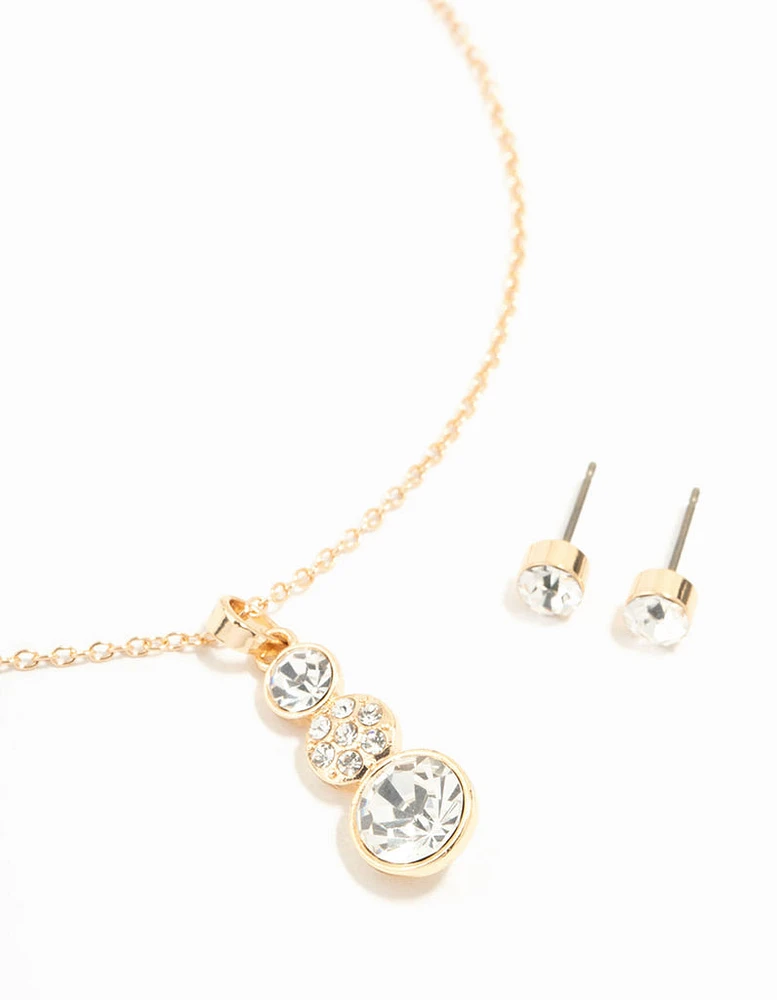 Gold Diamante Drop Necklace & Stud Earrings Set