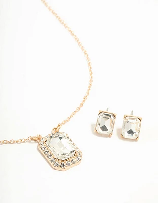 Gold Halo Diamante Necklace & Stud Earrings Set