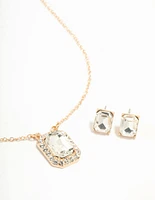 Gold Halo Diamante Necklace & Stud Earrings Set