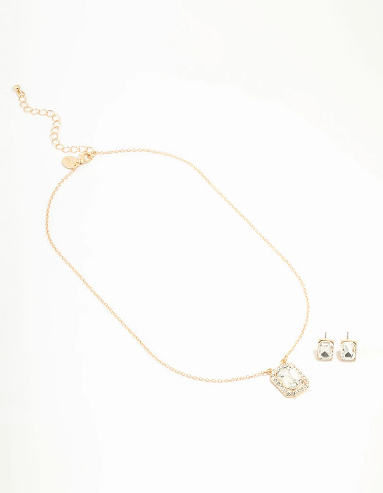 Gold Halo Diamante Necklace & Stud Earrings Set