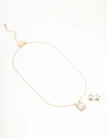 Gold Halo Diamante Necklace & Stud Earrings Set