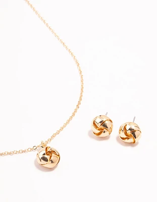 Knotted Gold Necklace & Stud Earrings Set