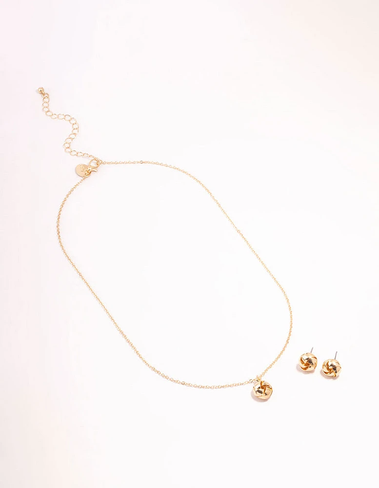 Knotted Gold Necklace & Stud Earrings Set