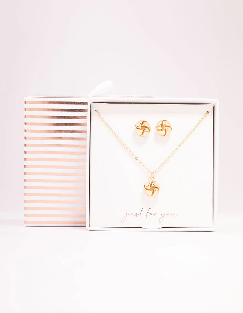 Knotted Gold Necklace & Stud Earrings Set