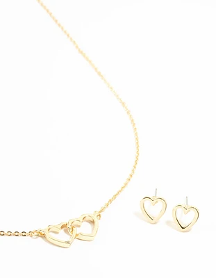 Gold Plated Linked Heart Necklace & Stud Earrings Set