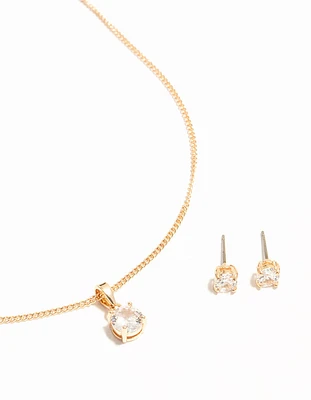 Gold Solitaire Cubic Zirconia Necklace & Stud Earrings Set