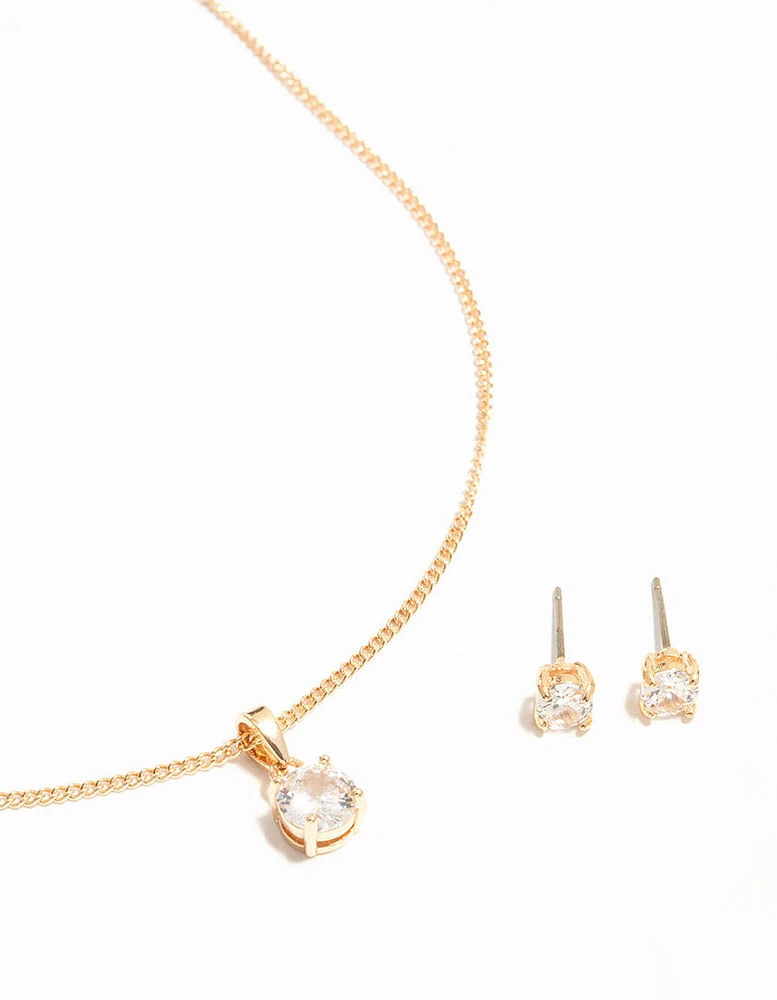 Gold Cubic Zirconia Solitaire Necklace & Stud Earrings Set