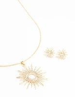 Gold Statement Diamante Sun Necklace & Stud Earrings Set