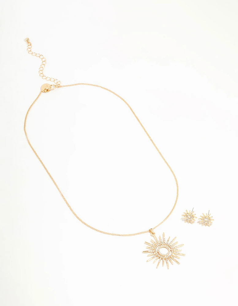 Gold Statement Diamante Sun Necklace & Stud Earrings Set