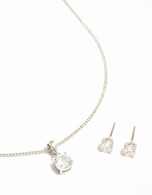 Rhodium Solitaire Cubic Zirconia Necklace & Stud Earrings Set