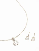 Rhodium Solitaire Cubic Zirconia Necklace & Stud Earrings Set