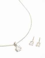 Silver Solitaire Cubic Zirconia Necklace & Stud Earrings Set