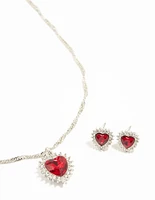 Red Heart Halo Necklace & Stud Earrings Set