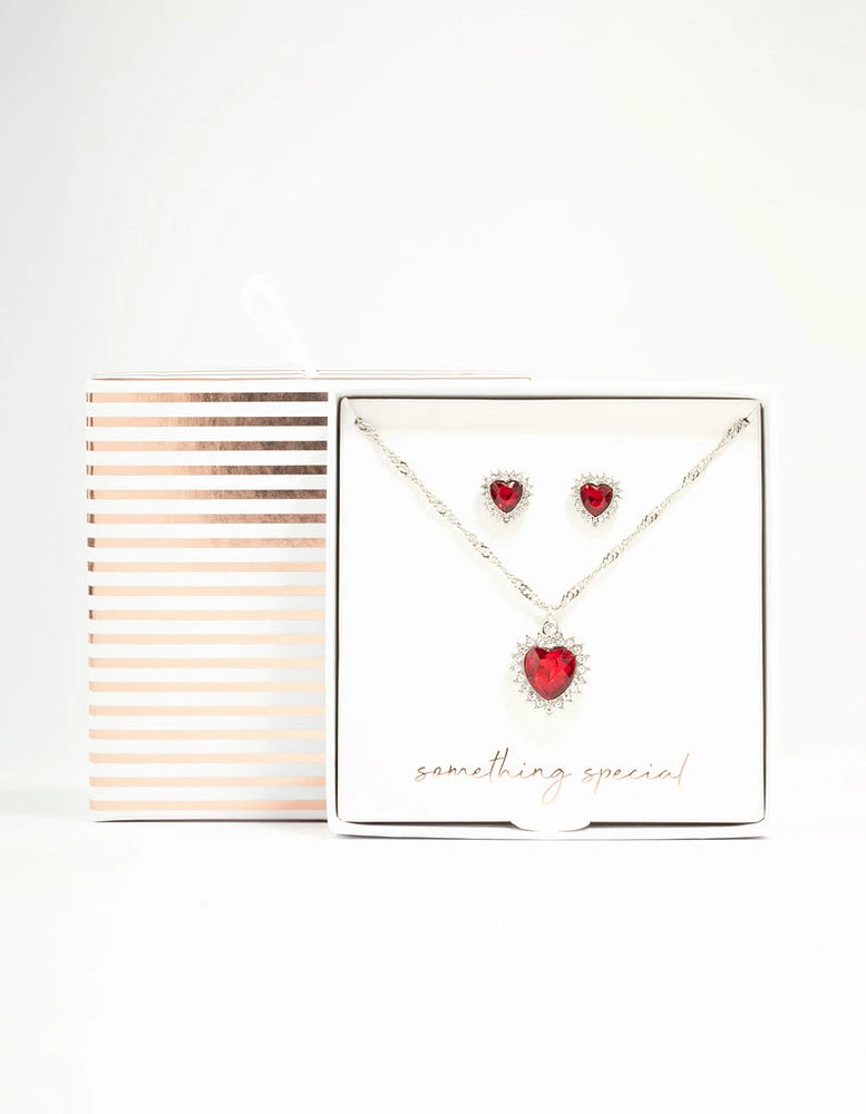 Red Heart Halo Necklace & Stud Earrings Set