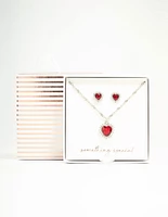 Red Heart Halo Necklace & Stud Earrings Set