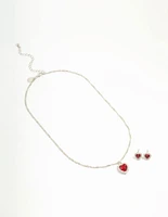 Red Heart Halo Necklace & Stud Earrings Set