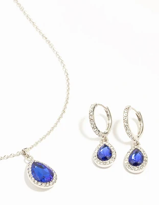 Blue Diamante Halo Necklace & Huggie Earrings Set