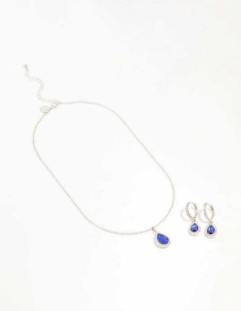 Blue Diamante Halo Necklace & Huggie Earrings Set