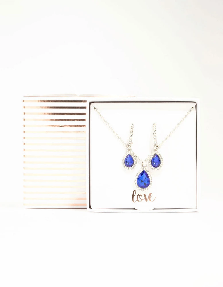 Blue Diamante Halo Necklace & Huggie Earrings Set