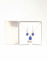 Blue Diamante Halo Necklace & Huggie Earrings Set