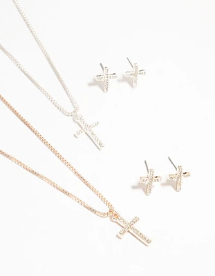 Mixed Metals Diamante Cross Necklace & Stud Earrings Set