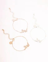 Mixed Metals Pave Diamante Butterfly Bracelets 3-Pack