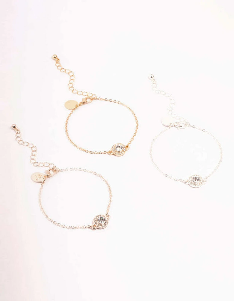 Mixed Metals Halo Diamante Bracelets 3-Pack